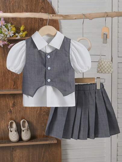 3pcs Girls Outfit Set: Fashionable Gray Vest, White Blouse, Pleated Skirt, Suitable For School And Casual Wear