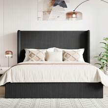 Allewie Full/Queen/King Size Lift-Up Storage Bed Frame With Modern Wingback Headboard, Corduroy Upholstered Platform Bed, Hydraulic Gas Lift Support, Underbed Storage, Wooden Slats, No Box Spring Needed, Black - 黑色 - 查看 8