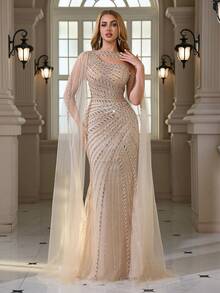 Sequin & Lace Embroidered Shawl, Mesh Overlay Mermaid Hem Zipper Back Elegant Sexy Bodycon Evening Gown - Champagne - View 6