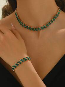 一套优雅女士首饰套装，夏季简约仿祖母绿闪亮水钻麦穗耳钉、项链+手链，婚礼季奢华礼物