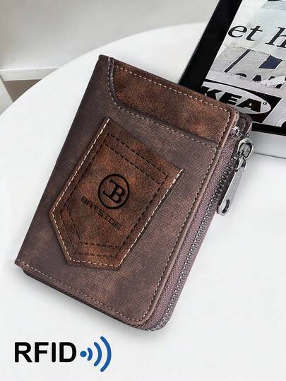 男士复古RFID牛仔布钱包，商务便携拉链卡包