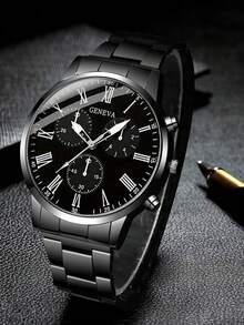 4pcs/Set Minimalist Business Casual Men's Quartz Watch Set, Full Accessories (Including Black Metal Band Roman Numeral Quartz Watch, Black Leather Geometric Texture Wallet, Black Metal Keychain, And Black Metal Pen). Adopting An All-Black Tone, Minimalist Business Design - Black - View 7