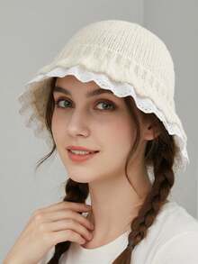 1pc European & American Style Lace Knitted Hat For Women, Small Face Flattering Knitted Beanie, Large Circumference Bucket Hat - Multicolor - View 2