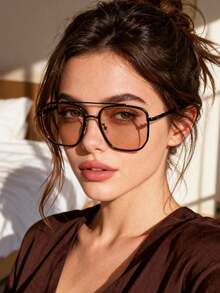 1pc Retro Square Frame Double Bridge Women's Glasses, Fashionable High-End Street Style Eyewear - Black-framed Tea Powder Sheet - View 2