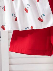 2件套少女时尚休闲撞色3D蝴蝶结水果印花无袖圆领荷叶边下摆套头衫和松紧腰短裤套装，适合日常、居家、户外、春夏穿着。 - 紅白色 - 查看 8