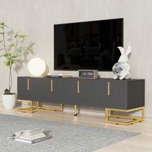 TV Unit, Low Side Panel With Grained Doors, TV Unit, Gold Handles And Gold Legs. - Grey - View 8
