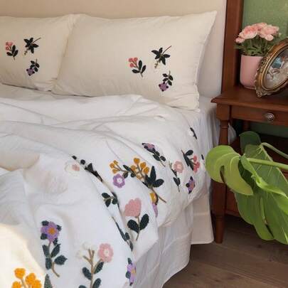 3件套亲肤褶皱纱布柔软舒适白色被套套装（1个被套+2个枕套，不含被芯），花卉田园风格，适用于卧室、客房、男孩女孩房，可机洗