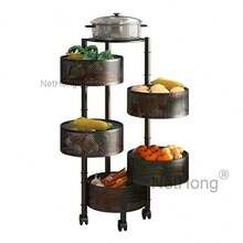 3/4/5 Tier Kitchen Rotating Storage Trolley Cart Round Vegetable Mobile Shelf Rack - Black - View 11