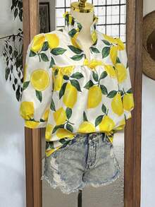 女士清新度假风柠檬印花V领荷叶边宽松喇叭袖衬衫，春夏款 - 黃色 - 查看 4