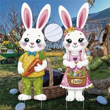 2 piezas/Set Decoración de Pascua para el jardín, Pareja de Conejos 2 piezas Decoración de Pie, Decoración de Escena Exterior de Conejos de Dibujos Animados y Huevos para Fiesta, Primavera Jardín Césped - Multicolor - Ver 1