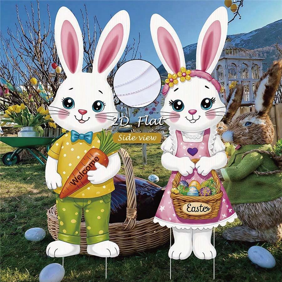 2 piezas/Set Decoración de Pascua para el jardín, Pareja de Conejos 2 piezas Decoración de Pie, Decoración de Escena Exterior de Conejos de Dibujos Animados y Huevos para Fiesta, Primavera Jardín Césped - Multicolor - Ver 1