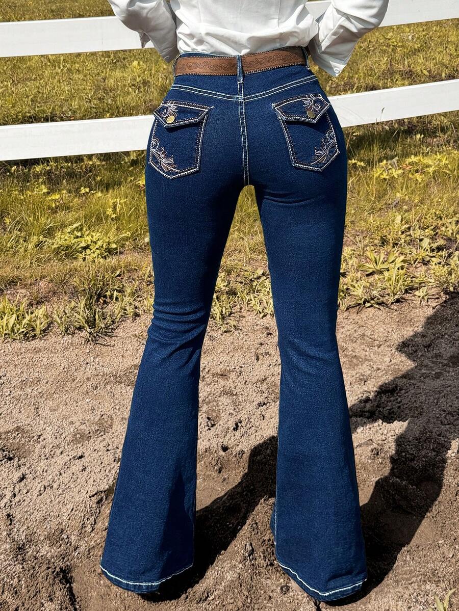 女士高腰喇叭牛仔裤 – 弹力复古蓝色牛仔布，西部牛仔风格，刺绣设计 - 深色水洗藍 - 查看 1