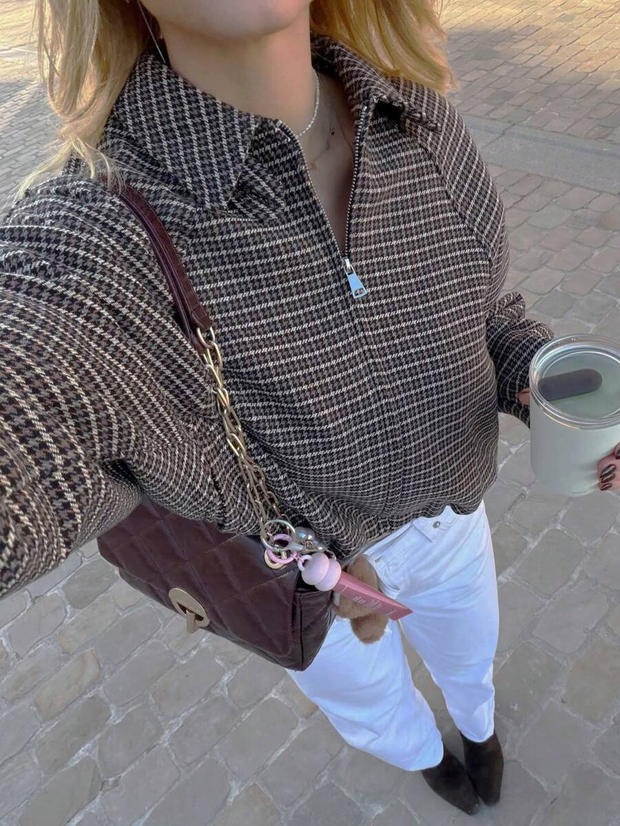 GMFP 女士休闲优雅时尚宽松纯色人字纹飞行员夹克，适合新年/情人节穿着