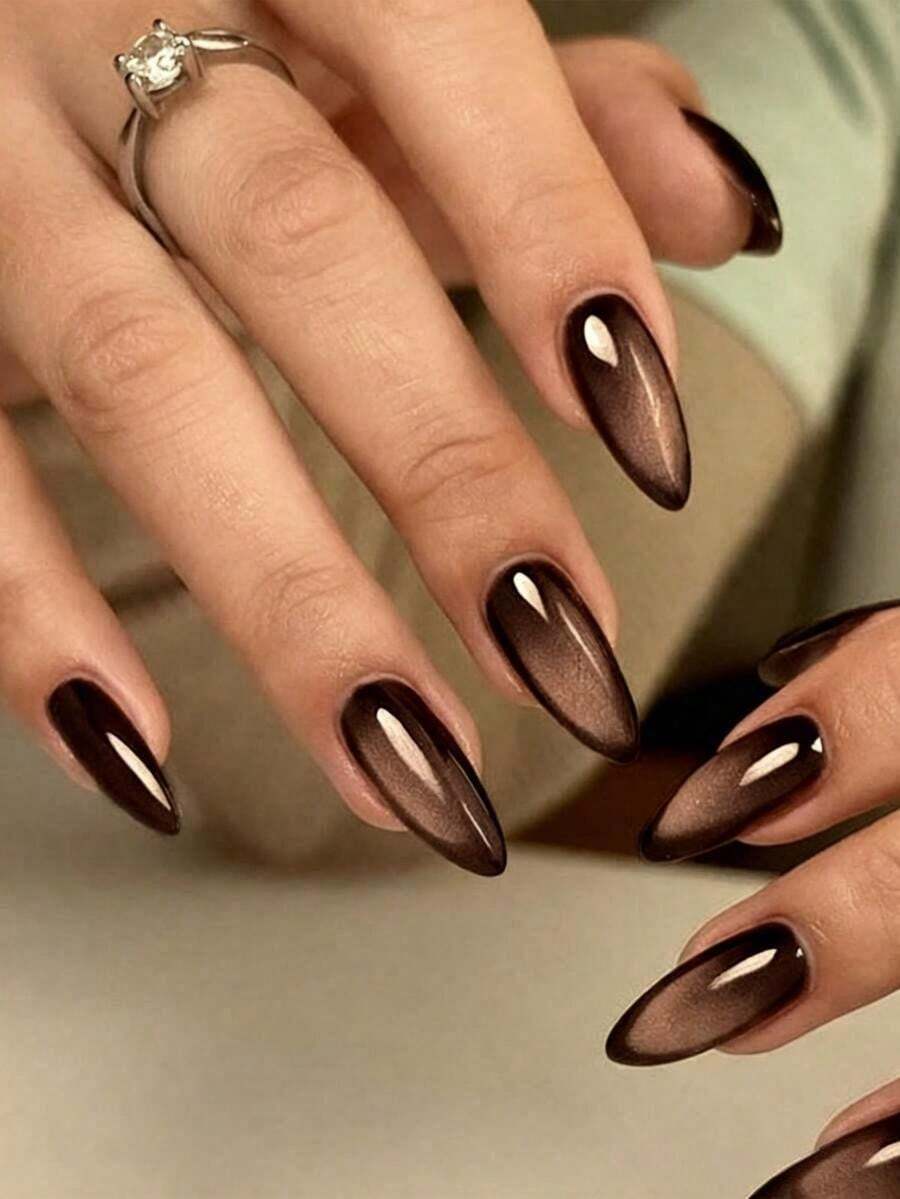 24pcs Y2K Style Long Almond Shiny Nail Stickers, Brown Crystal Cat Eye Acrylic Material, Perfect Fit, Green, Purple, Red, Blue, Brown Cat Eye Nail Stickers, Make Your Fingertips Shine Brilliantly, Suitable For Women's Daily Work And Party Occasions - 布朗 2 - 查看 1