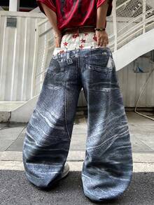 Hearty Haven 1件美式街頭風數位印花男士寬鬆寬腿長褲，四季百搭休閒舒適牛仔褲，上班通勤大學風長褲（不含腰帶或配件） - 藍色 - 查看 5
