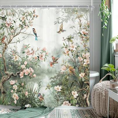 Vintage Floral & Bird Shower Curtain, Suitable For Bathroom Decor, Asian Style Vibrant Floral, Plant, Branch, Peony Nature Art Print, Polyester Waterproof Fabric With Plastic Hooks, For Home, Hotel, Resort, Gift
