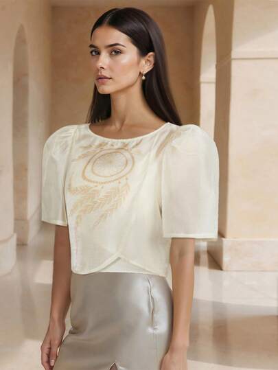 Amyenjoylife 现代菲律宾风短袖衬衫，一件式，不对称/不对称泡泡袖，适合度假、办公、休闲、约会、春夏穿着，杏色上衣