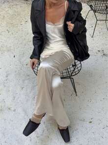 Women's Satin Silk Wide Leg Pants Low Waist Baggy Pants Lounge Bottoms Streetwear - 米色 - 查看 1