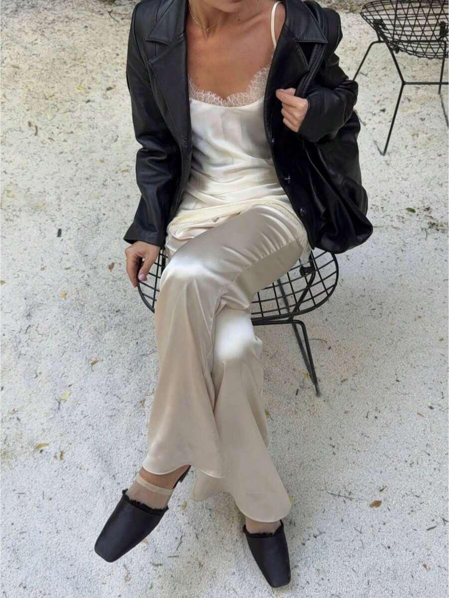 Women's Satin Silk Wide Leg Pants Low Waist Baggy Pants Lounge Bottoms Streetwear - 米色 - 查看 1