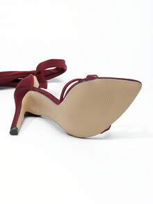 女士新款夏季高跟系带凉鞋，尖头罗马款式，百搭时尚性感派对细高跟鞋 - 酒紅色 - 查看 7