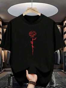 Men's Shirt With Pink Red Print, 100% Cotton, Women's And Men's Summer Fashion, Short Sleeve - 黑色 - 查看 2