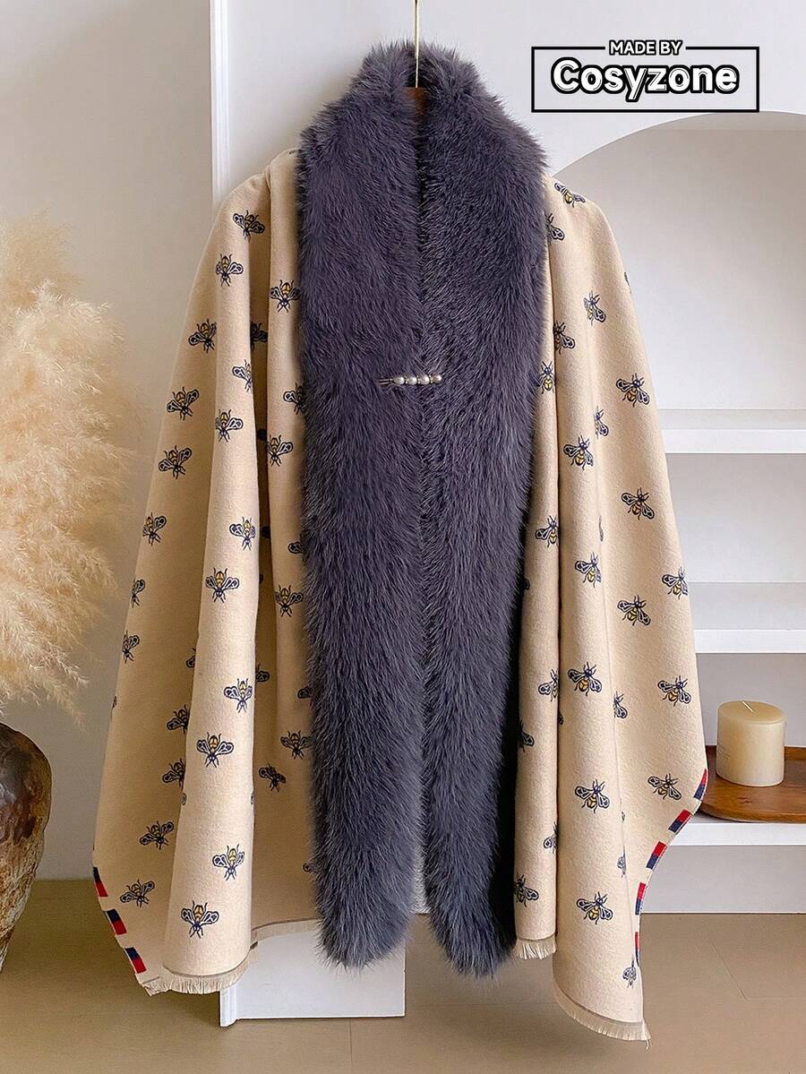 قطعة واحدة وشاح جاكار ذو نمط أنيق على شكل نحلة مع طوق من الفرو الاصطناعي، وشاح دافئ للنساء في فصلي الخريف والشتاء، مزين بدبوس إبزيم اللؤلؤ، إكسسوار عصري للدفء، هدية مثالية للنساء، مناسب للارتداء اليومي - بيج - مشاهدة 1