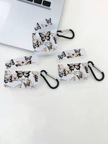Butterfly Print Semi-Transparent White Bluetooth Earphone Protective Case With "Addn Length Of Ribbon Tied In A Bow" Romantic Slogan, Comes With 1 Black Carabiner, Compatible With AirPods Pro (3rd Gen), Pro (2nd Gen), 3, Pro - Clear - View 4
