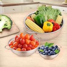 3pcs Stainless Steel Colander Set, Micro-Perforated Metal Strainer With Handle, Suitable For Kitchen Draining, Washing Noodles, Vegetables And Fruits - Double-eared Net Basket - View 11