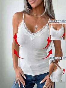 ChicMe Women Built-In Bra Cami Top V-Neck Spaghetti Straps Lace Spliced Ribbed Slim Fit Tank Shirt Daily Casual Wear - Beige - View 7