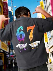 Tween Boy Fashionable Colorful Number 67 Graphic Print T-Shirt, Summer Top For Boys - Dark Grey - View 4