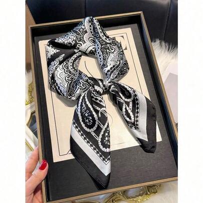 1pc Paisley Floral Print Square Scarf, Women New Versatile Bandana, Neck Tie, Hair Accessory, Fashion Silk Feeling Scarf