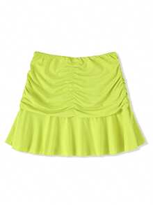 Female Mini Skirt, Solid Color High Waist Pleated Skirt Ruffled Short Dress for Summer, Pink/Purple/Blue, S/M/L - Amarillo fluorescente - Ver 7