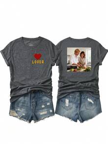 Customized Women's T-Shirt, Women's Short Sleeve, Women's T-Shirt, Enter Your Text, Slogan, Fun Letters, Blessings, Upload Your Own Photos (Lover Photos/Boyfriend Photos/Girlfriend Photos, Pet Photos, Group Photos) - Dark Grey - View 2