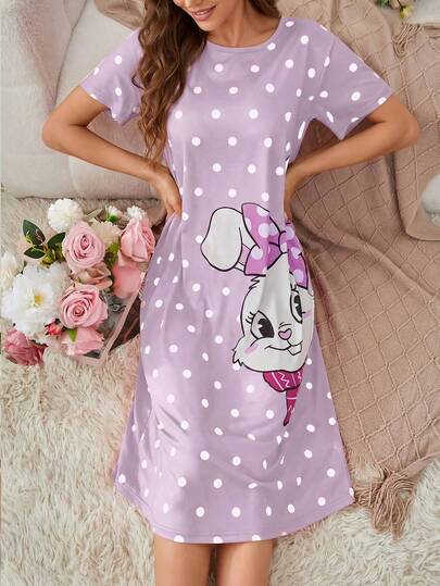 可爱白色兔子波点紫色连衣裙，舒适可机洗