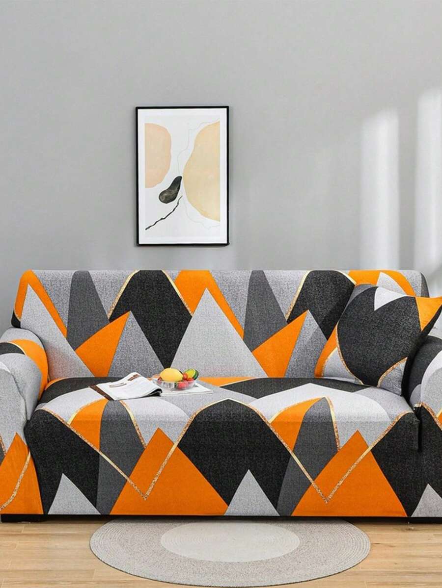 1pc Geometric Pattern Stretch Full Cover Sofa Slipcover, Modern Polyester Fabric, Machine Washable, Suitable For All Seasons