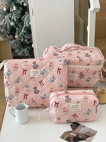 1件套红色蝴蝶结小熊化妆包，拉链化妆包，可收纳护肤品、化妆品、润唇膏、防晒霜、护手霜、耳机、零钱及其他小物件，可爱化妆包，日常通勤、旅行、宿舍必备，适合作为礼物送给朋友、生日、伴娘、母亲节、教师节等。 - 粉色 - 查看 16