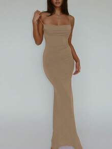 女士纯色开衩修身露背性感优雅连衣裙，适合春夏夜晚外出、派对、夜店、度假、海滩休闲穿着。 - 卡其色 - 查看 5