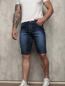 Men's Plain Denim Bermuda Shorts With Elastane - 深色水洗藍 - 查看 2