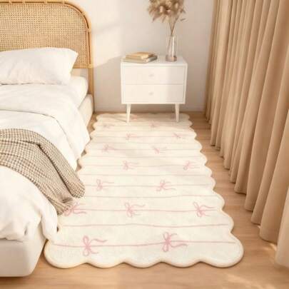 1pc Pink Bow Decor Carpet, Cream White Base With Pink Wavy Lines And 3D Pink Bow Accents, Wavy Edge, Multiple Sizes Available, Decorative Rug, Bedroom Decor, Small Rug, Carpet, Home Decor, Living Room Rug, Bedroom Rug, Living Room Decor, Outdoor Rug, Washable Rug, Custom Size With 1-5cm Tolerance