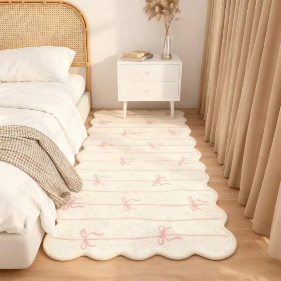 1pc Pink Bow Decor Carpet, Cream White Base With Pink Wavy Lines And 3D Pink Bow Accents, Wavy Edge, Multiple Sizes Available, Decorative Rug, Bedroom Decor, Small Rug, Carpet, Home Decor, Living Room Rug, Bedroom Rug, Living Room Decor, Outdoor Rug, Washable Rug, Custom Size With 1-5cm Tolerance - Multicolor - View 1