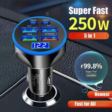 1pc Black 4-Usb Port With 2-Type-C Car Charger Adapter Featuring Led Display Of Voltage And Current - A - View 1