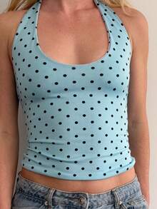 Women Tank Tops Dot Print Tie-Up Halter Neck Reversible Casual Vests Summer Fashion Sleeveless Tops Streetwear - Blue - View 1