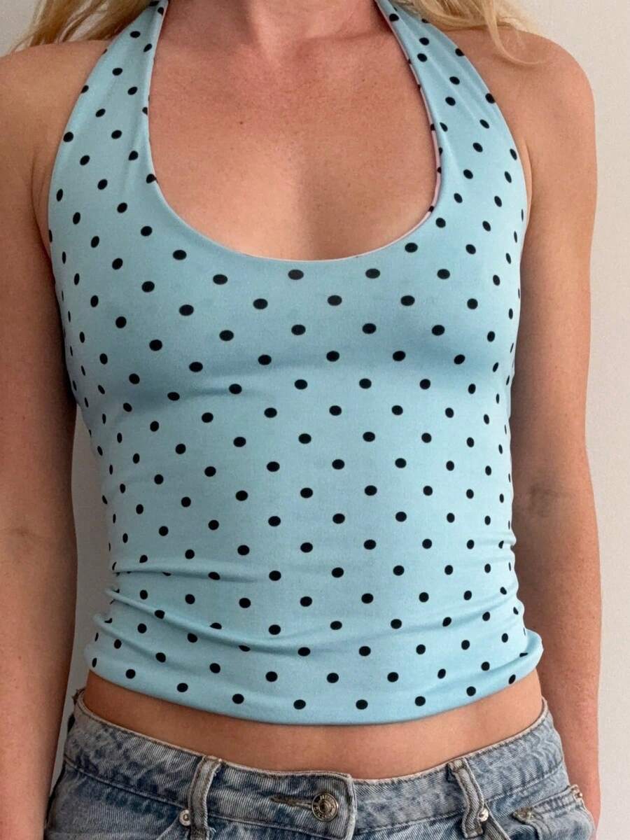 Women Tank Tops Dot Print Tie-Up Halter Neck Reversible Casual Vests Summer Fashion Sleeveless Tops Streetwear - Blue - View 1
