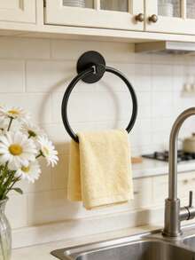 1pc No Drill Hole Wall Mounted Round Towel Ring With Holder, Stainless Steel Towel Rack And Clothes Storage Rack, Suitable For Kitchen, Bathroom, Living Room Storage And Decoration