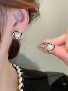 1对时尚简约珍珠耳钉，甜美优雅，饰有水晶 - 彩色 - 查看 6