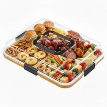 Charcuterie Board With Clear Lid, Portable Travel Cheese Cutting Board For Picnic, Bamboo Serving Tray With Lids, Housewarming Gift, Black Handles, 8 Compartments - Khaki - View 8
