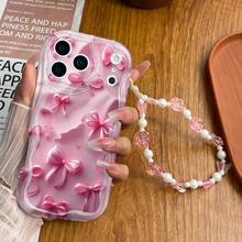 1pc Pink Bow Print Funny Pattern Shockproof Phone Case With Rose Wrist Strap, Suitable For Self-Use, Couple/Valentine's Day, Spring Gifts, Compatible With IPhone 11/12/13/14/15/16/16 Pro/16 Pro Max