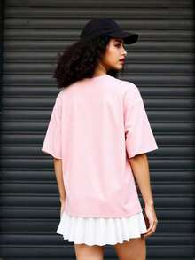 Women's Round Neck Short Sleeve Oversize Fit T-Shirt For Spring/Summer-Unisex Loose - Fit Comfortable Vintage Street - Style Cotton T - Shirt Top-Summer Casual Vintage Cotton Printed T-Shirts For Couples - 粉色 - 查看 5