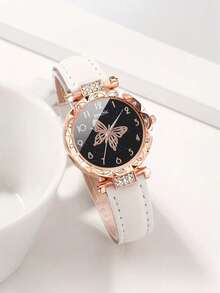 6件套女士时尚简约休闲石英表，蝴蝶造型设计，搭配水晶项链、手链、戒指、耳环首饰套装，适合作为女士生日/节日礼物、度假、派对、毕业典礼、庆典、日常佩戴，也是一份很棒的母亲节礼物。 - 彩色 - 查看 2