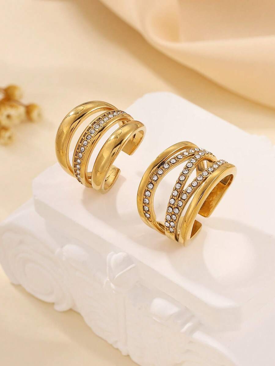2pcs Stainless Steel Fashionable Luxurious Gold-Tone Open Ring Set, Inlaid With White Rhinestones, Suitable For Women's Daily Wear Or Gift - Yellow Gold - View 1